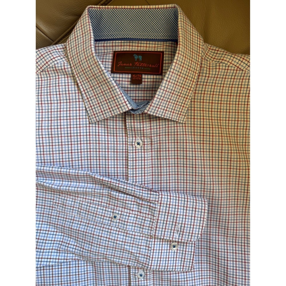 James Tattersall London Mens XL Button Down Shirt Blue Red Check 100% Cotton